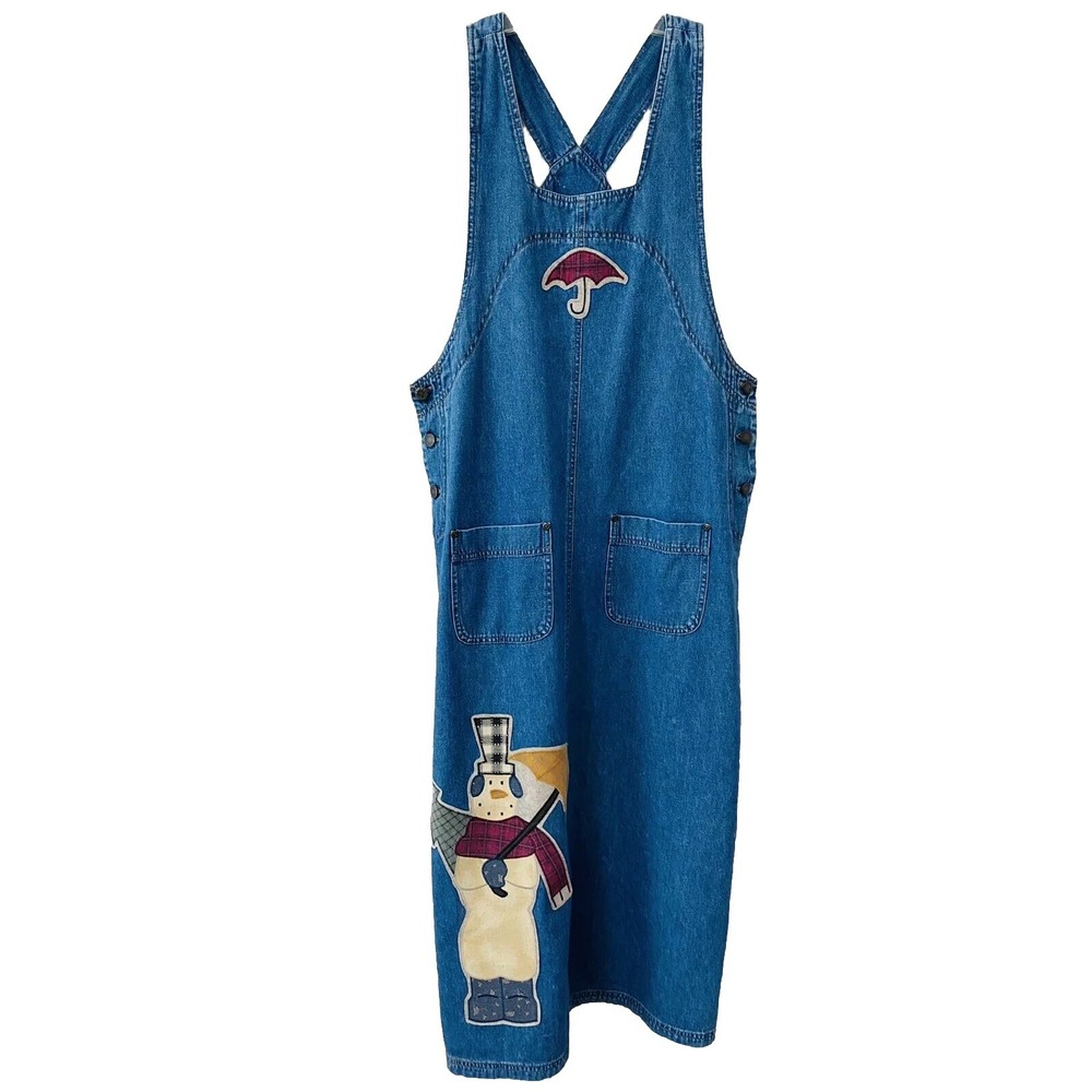 VTG Haik's M Blue Jumper Pinafore Dress Christmas Snowman 80s 90s Retro Art Wear